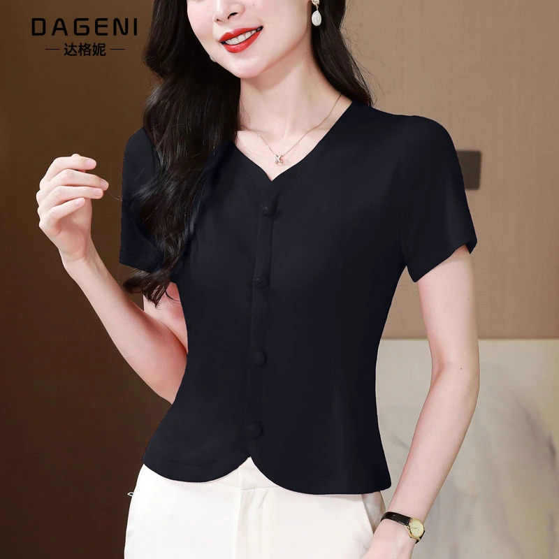 高档时尚V领T恤短袖2025夏季新款简约纯色半袖短款小个子修身上衣