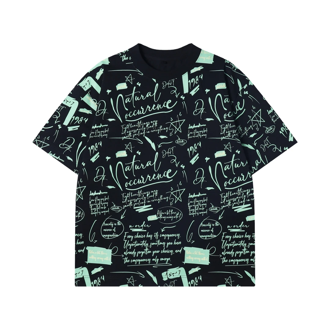 夏季高级感新款美式撞色满印字母涂鸦圆领短袖T恤简约百搭上衣