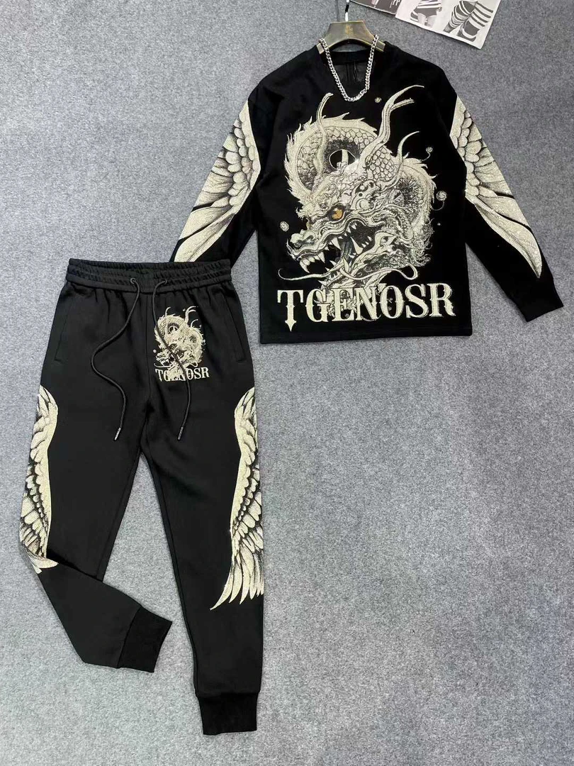 12089#潮牌龙头烫钻点钻重工袖T恤潮宽松韩版落肩半袖t恤