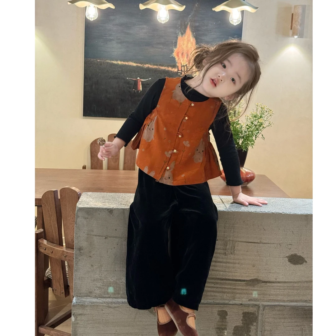 现货】壹妈童装女童国风套装儿童新中式马甲背心黑色打底上衣裤子