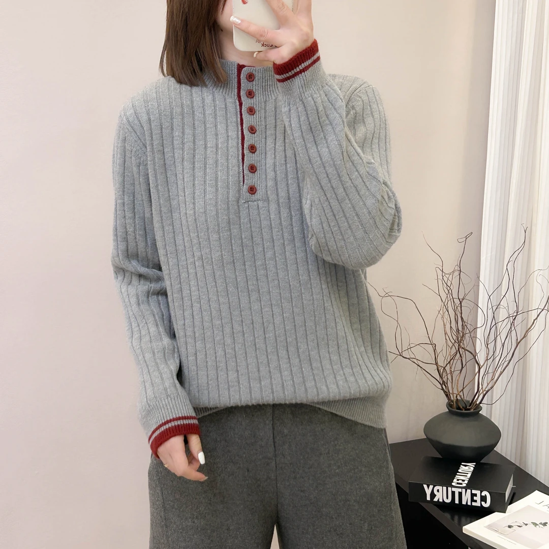 半高领撞色半开纽扣坑条针织打底衫秋冬季新款宽松韩版毛衣内搭