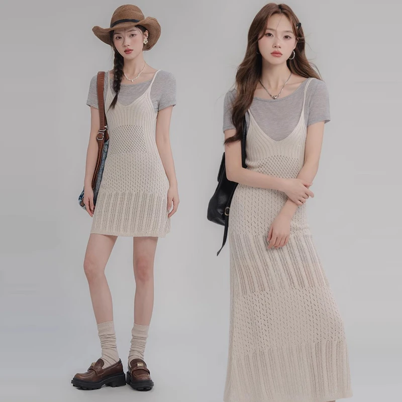 夏季穿搭一整套连衣裙女小清新镂空罩衫吊带裙两件套装裙子2269