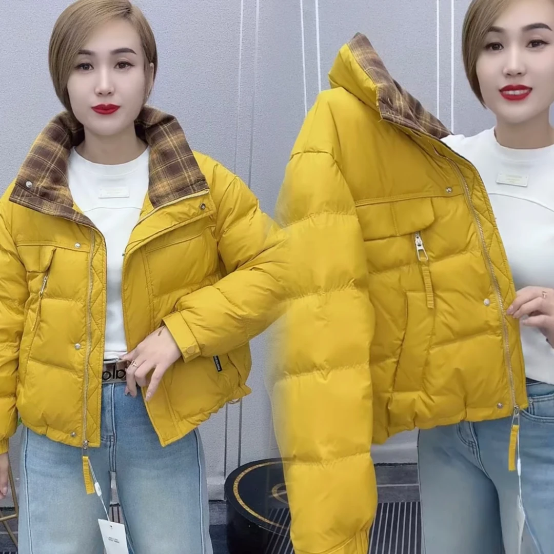 时尚格子拼接短款羽绒服冬季2025新款鸭绒保暖小个子年轻减龄外套