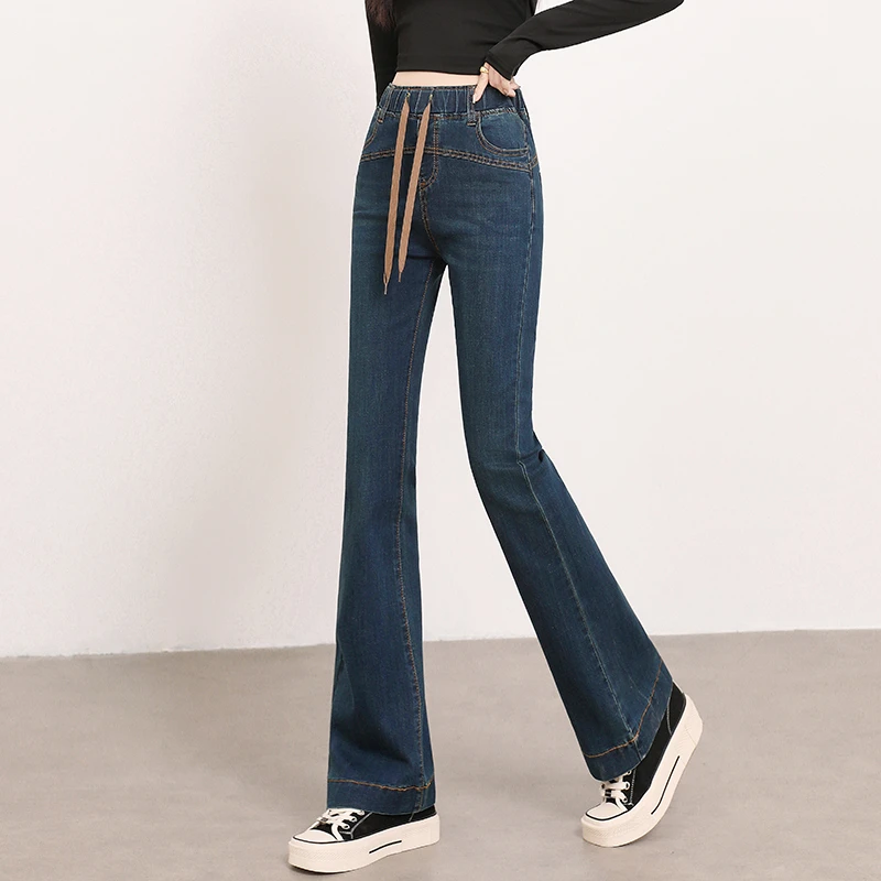 松紧腰微喇牛仔裤女复古百搭春秋2025年新款大码胖mm显瘦喇叭裤子