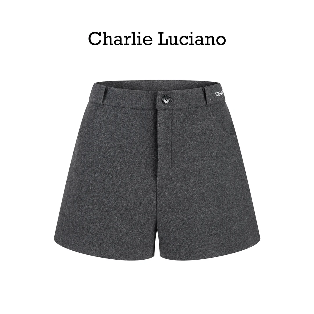 Charlie Luciano 标识绣花毛呢短裤 灰