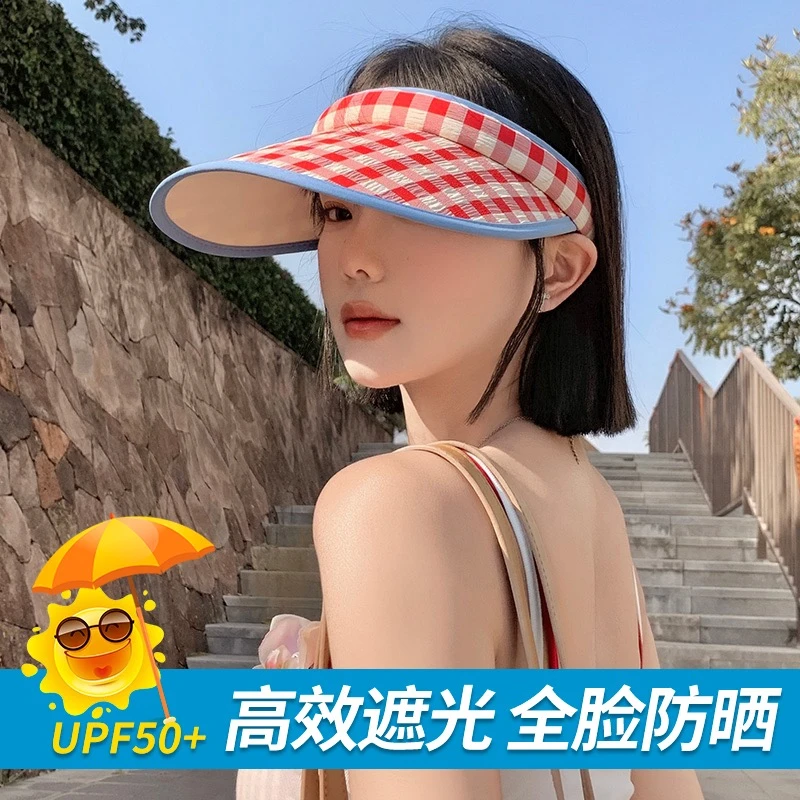 大帽檐多巴胺棋盘格空顶防晒帽女夏季户外出游大檐遮阳冰丝帽子