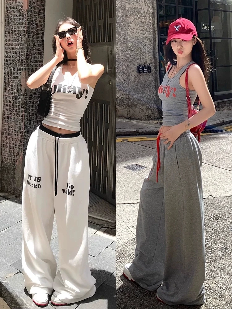 美式休闲运动套装女2025新款夏季辣妹舞蹈宽松背心阔腿裤两件套潮