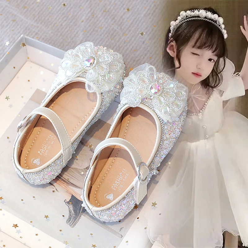 童鞋女童公主鞋春夏新款皮鞋软底蝴蝶结亮片单鞋儿童水晶鞋