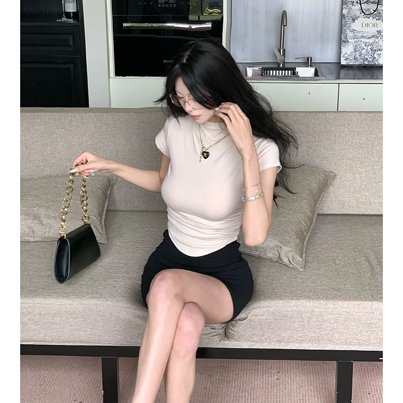 辣妹纯欲风不规则修身弹力半高领百搭纯色短袖上衣