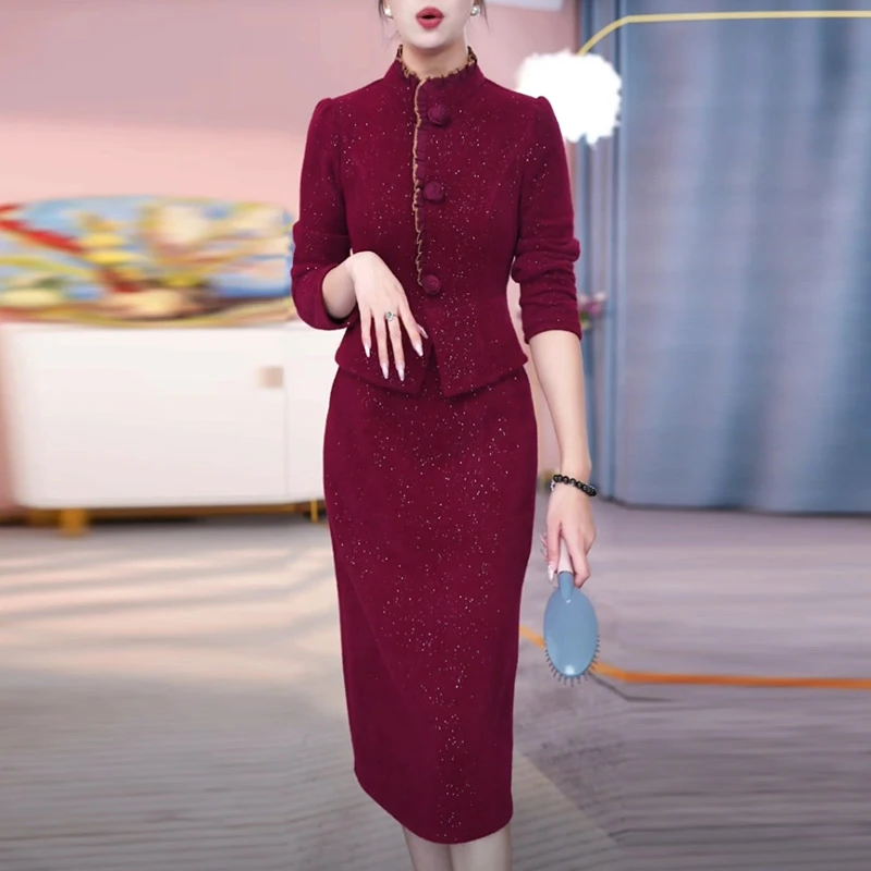 贵妃绒红色婚宴加厚打底裙2024冬季新款显瘦洋气质假两件连衣裙子