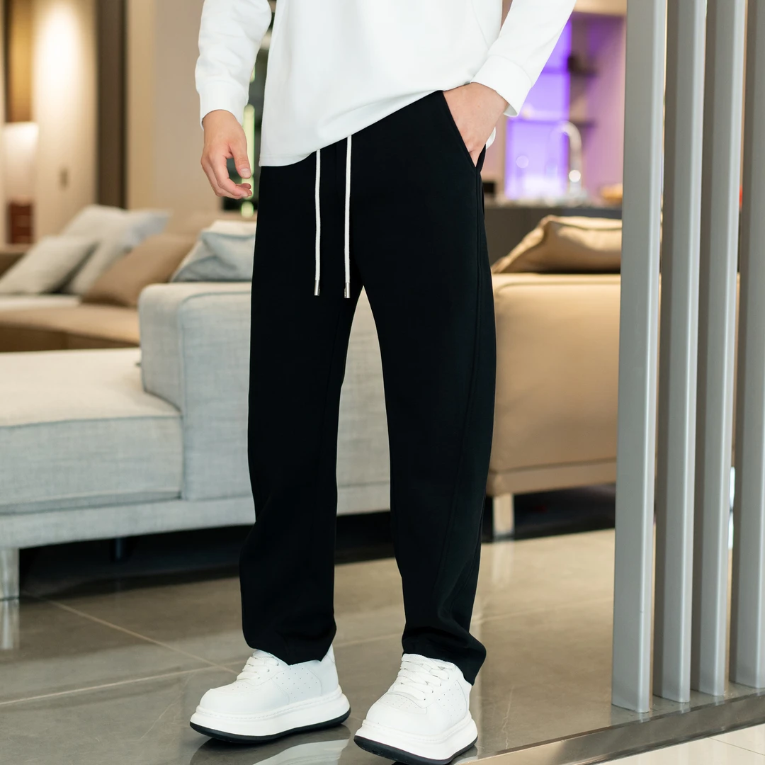 秋冬新款休闲空气层男裤时尚简约纯色百搭美式弯刀直筒加绒长裤