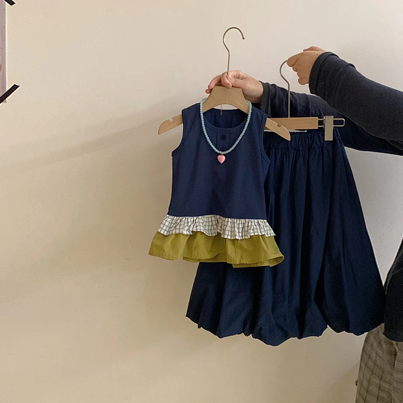 【安安家】女童韩版荷叶边拼接背心宽松简约半身裙两件套装R26235