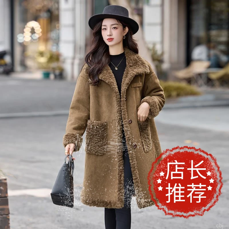 秋冬季立领时尚加绒加厚皮衣新款防风保暖女中长款外套毛呢大衣女