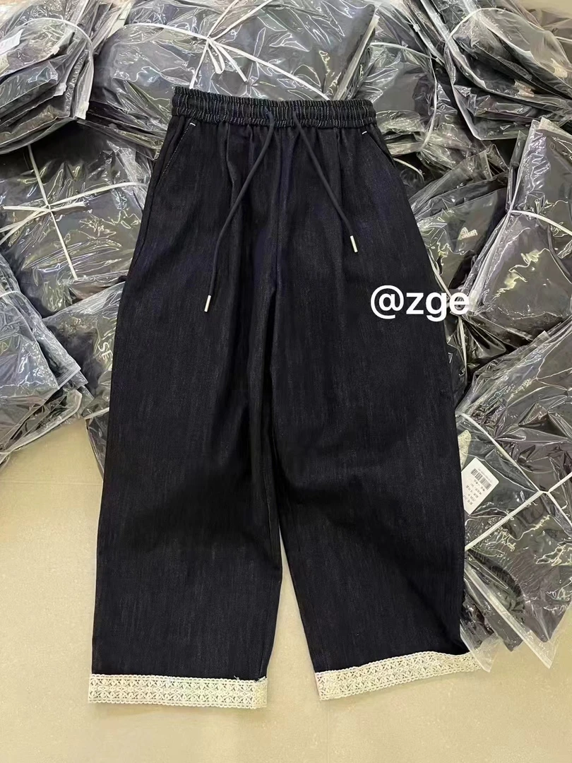 新款拼接蕾丝抽绳松紧腰宽松直筒蕾丝牛仔裤