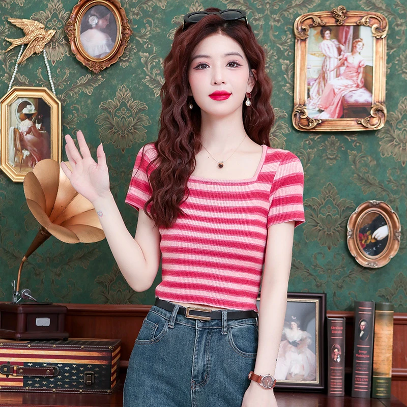 罩衫2025夏季新款修身短袖t恤女冰丝条纹针织衫紧款方领韩版爆款