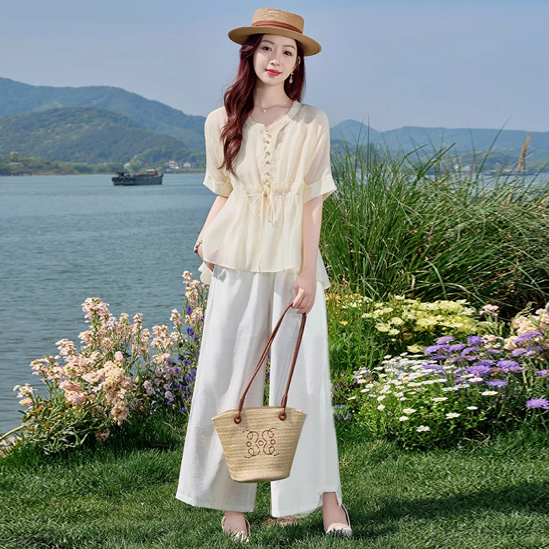 时尚套装女2025夏季新款韩版遮肚小衫吊带阔腿裤三件套穿搭一整套