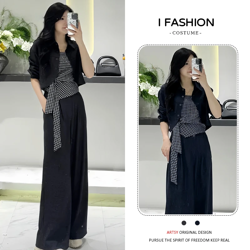 小个子时尚百搭套装女2026春秋新款显瘦开衫外套吊带阔腿裤三件套