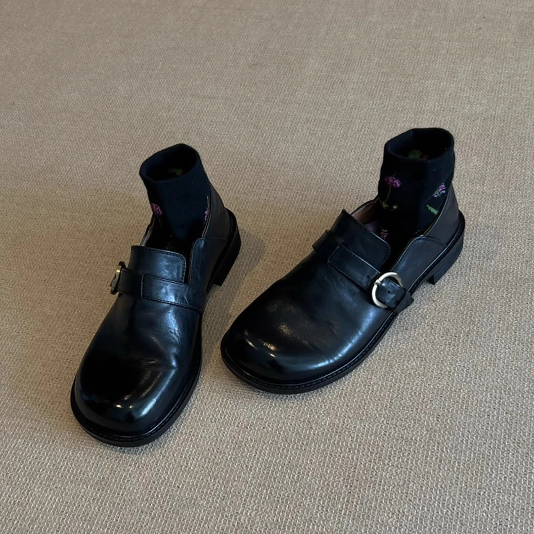 牛皮版~复古圆头勃肯单鞋女粗跟皮带扣英伦风小皮鞋一脚蹬乐福鞋