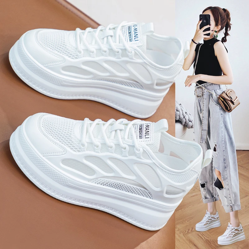 透气网面小白鞋女2025新款夏季网鞋百搭厚底小个子内老爹鞋女鞋
