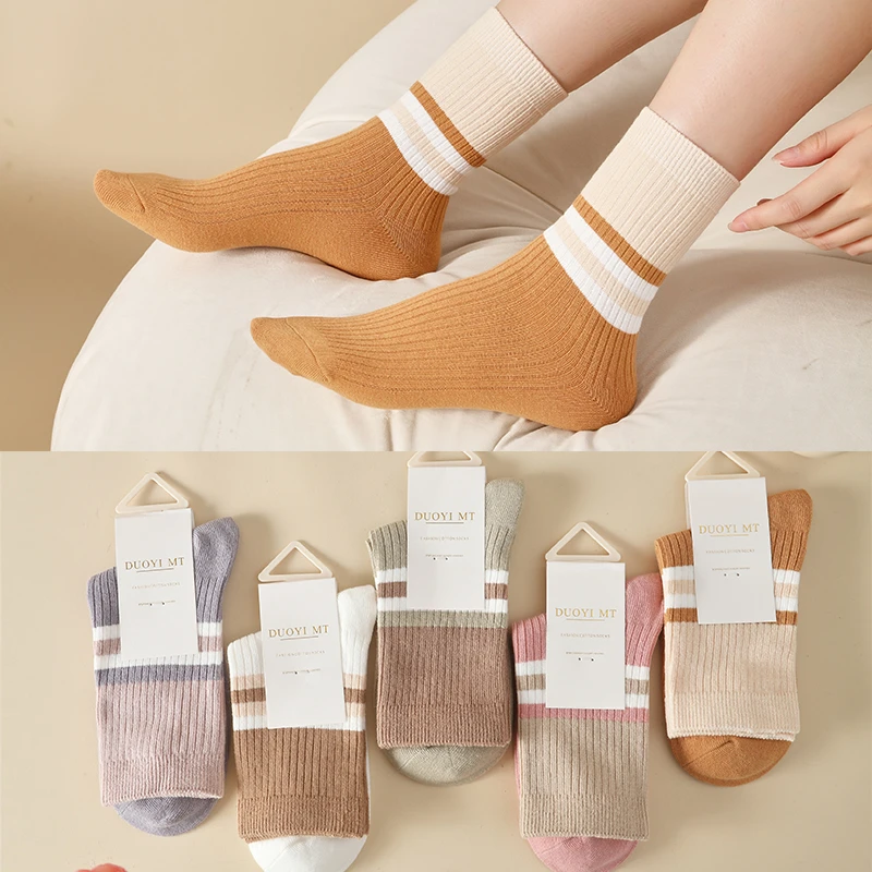 中筒袜子女防臭秋冬纯长绒棉保暖条纹百搭吸湿排汗防臭秋冬季女袜