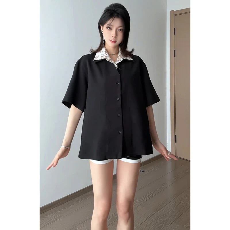 OkayThxBye "亚麻花领"老钱风翻领假两件短袖衬衫夏季休闲上衣男