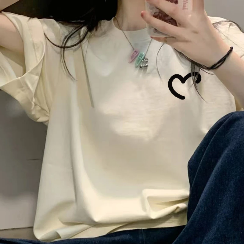 纯棉重磅短袖半心胸标t恤女情侣夏季新款潮牌白色半袖宽松ins上衣
