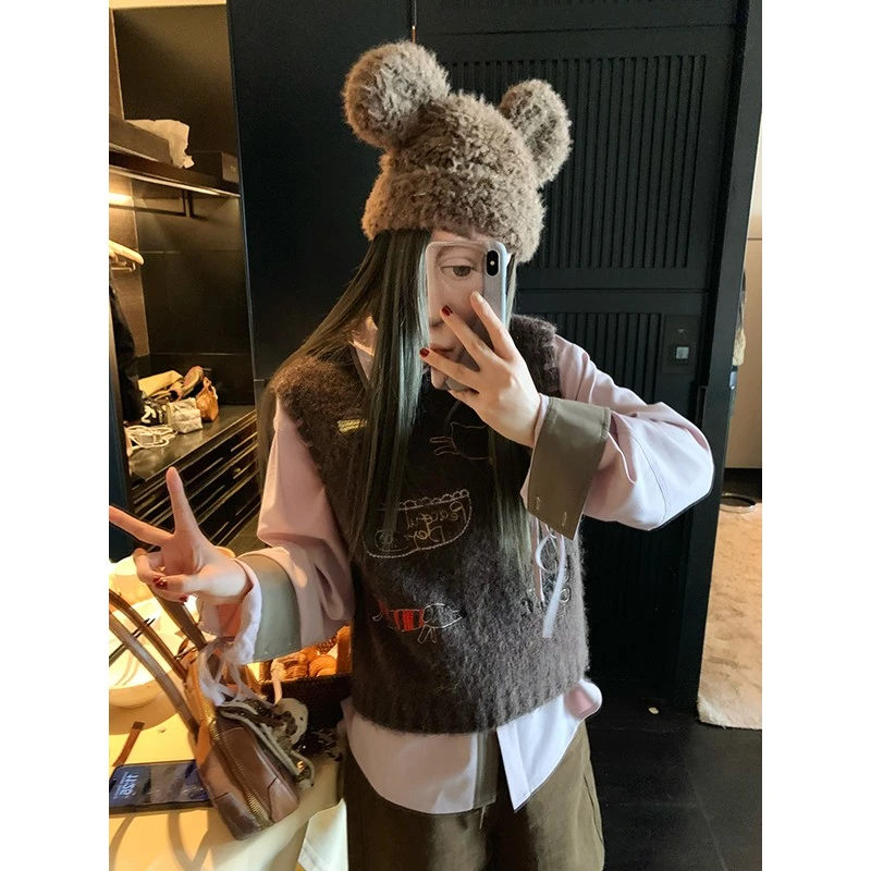 趣味环游记 撞色双层领衬衫+叠穿刺绣马甲两件套装35835