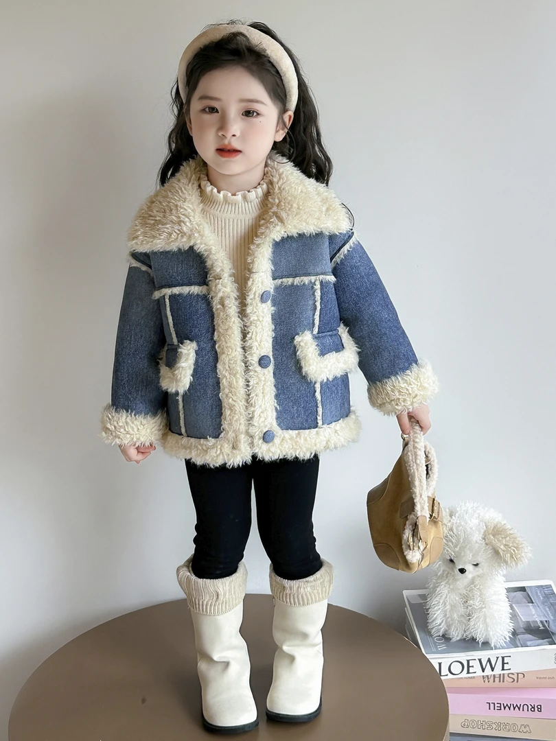 女童牛仔羊羔绒外套韩范冬装新款儿童加绒加厚韩系女宝宝皮毛一体