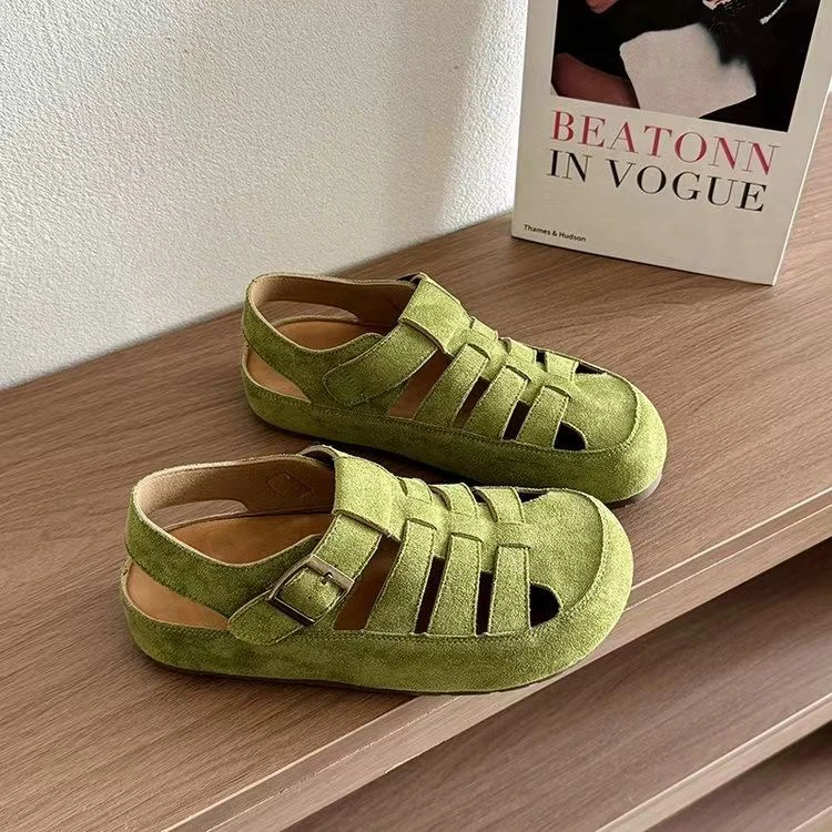 包头圆头皮带扣编织镂空罗马凉鞋时尚女鞋凉鞋平底勃肯凉鞋舒适女