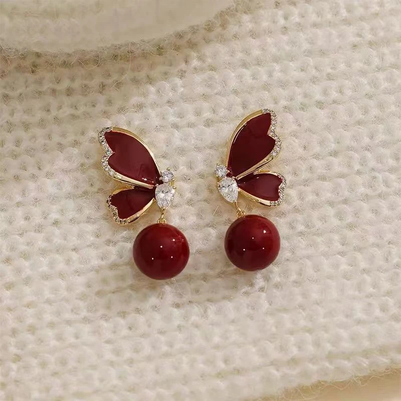 酒红色蝴蝶结耳钉女ins小众独特高级感耳环时尚气质设计耳饰