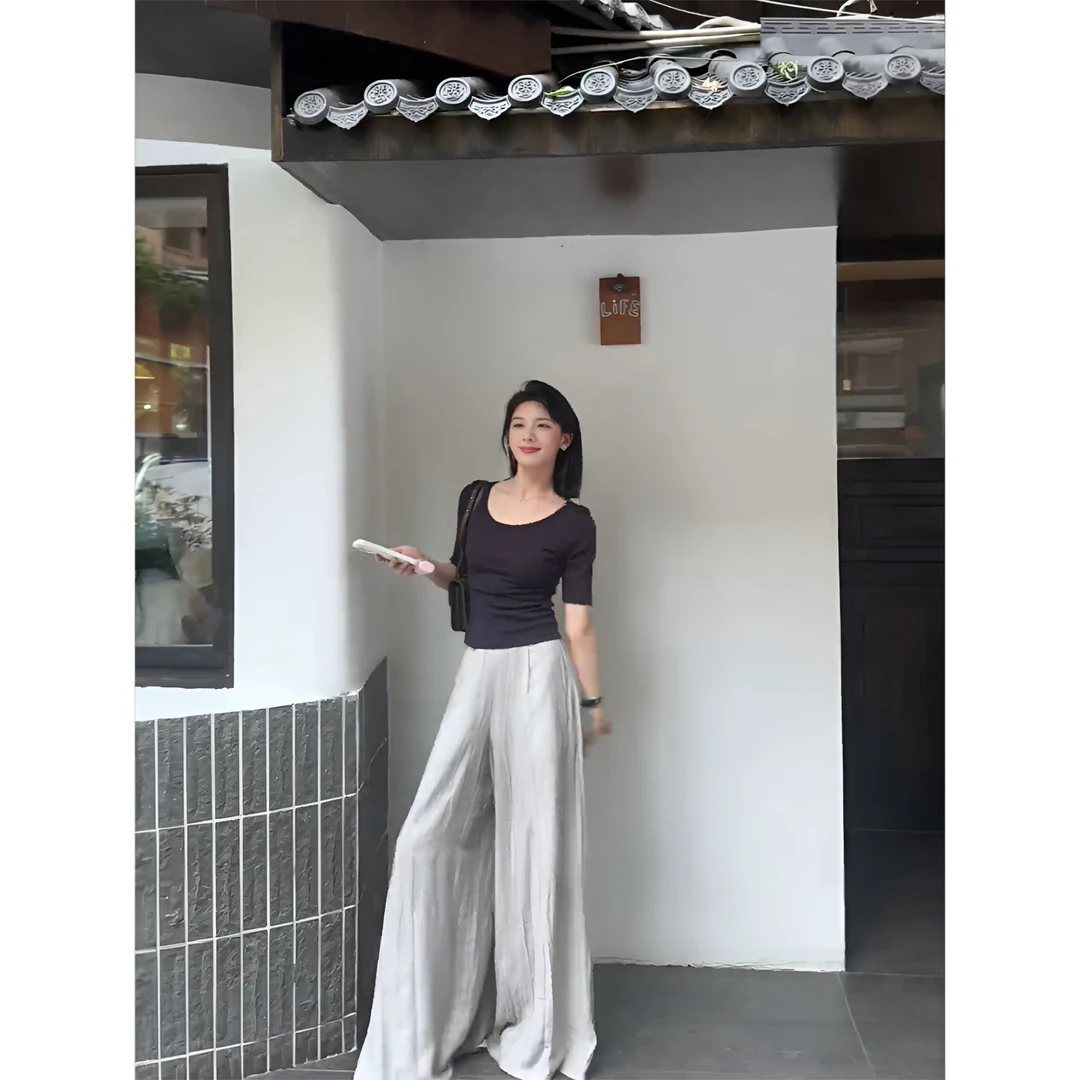 parkyeon夏季通勤风穿搭设计感绑带修身T恤上衣女松弛感休闲裤