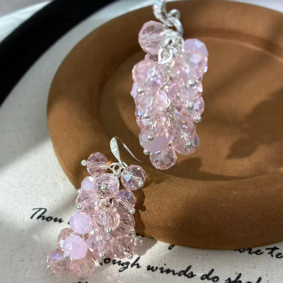 铜合金锆石耳饰 远远（YY563）镀k金耳钩粉色小葡萄串