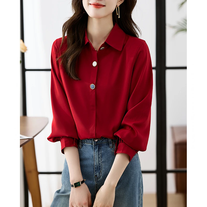 红色本命年休闲雪纺衬衫女装2025秋季新款内搭打底衫宽松显瘦上衣