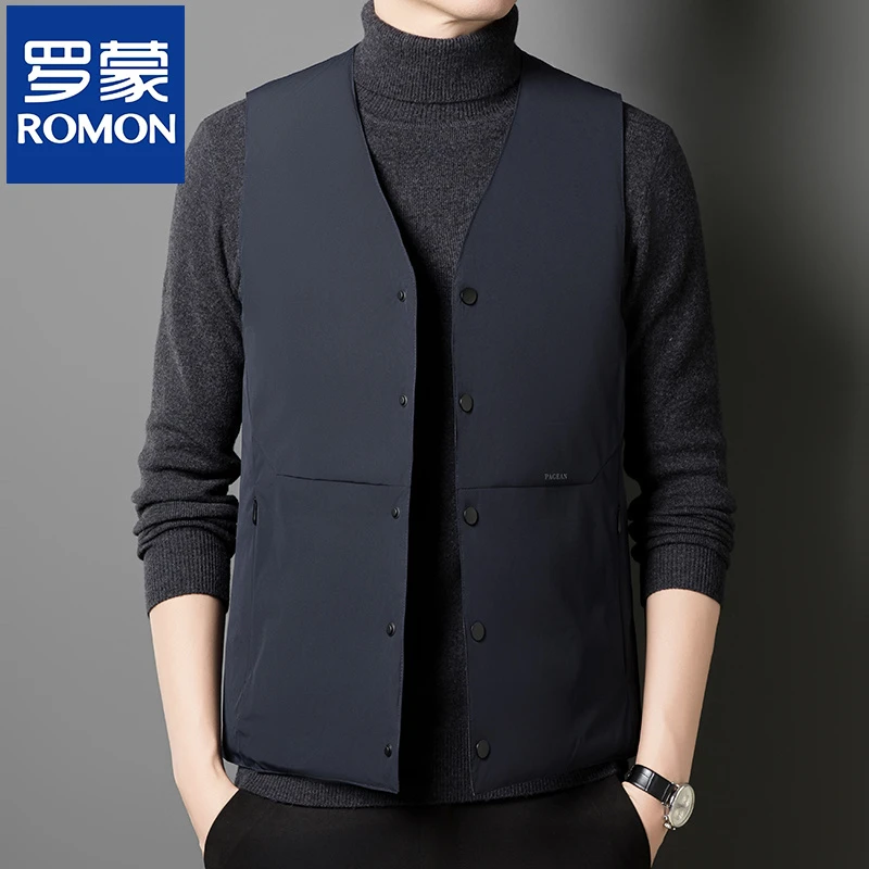 罗蒙爆款白鸭绒男士V领羽绒马甲秋冬款时尚百搭轻薄蓄热保暖背心