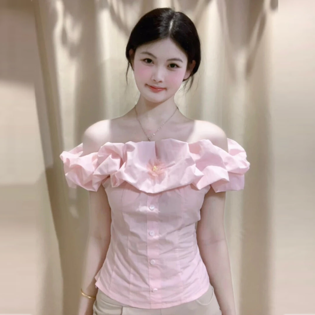 粉色甜美荷叶边一字肩短袖衬衫女2025新款夏季设计感收腰气质上衣