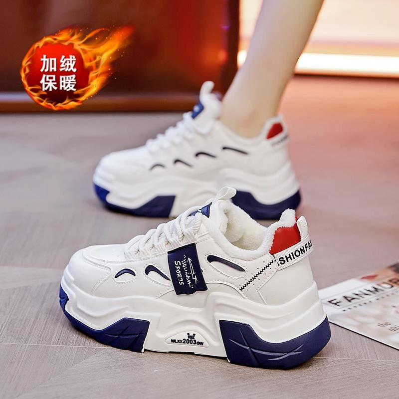 厚底老爹鞋女2025冬季新款加绒二棉鞋真皮小白鞋初中生软底运动鞋