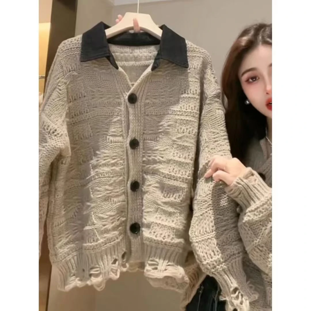 时尚撞色拼接牛仔领开衫针织开衫毛衣女新款慵懒百搭宽松外套上衣