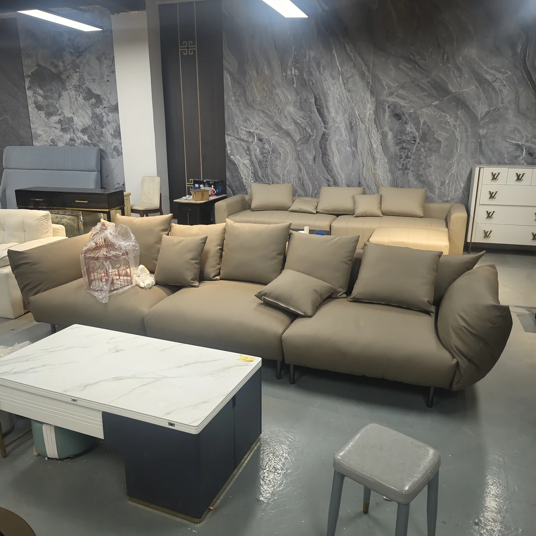 花瓣浅灰咖色真皮沙发客厅轻奢3.5*1.1M