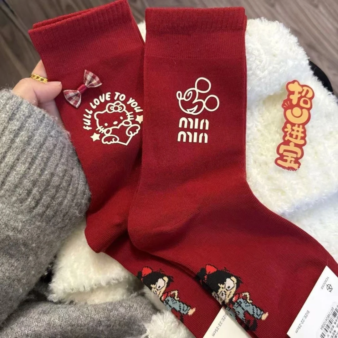 新年红色袜子女公主风米奇kitty猫简约洋气ins本命年卡通中筒袜