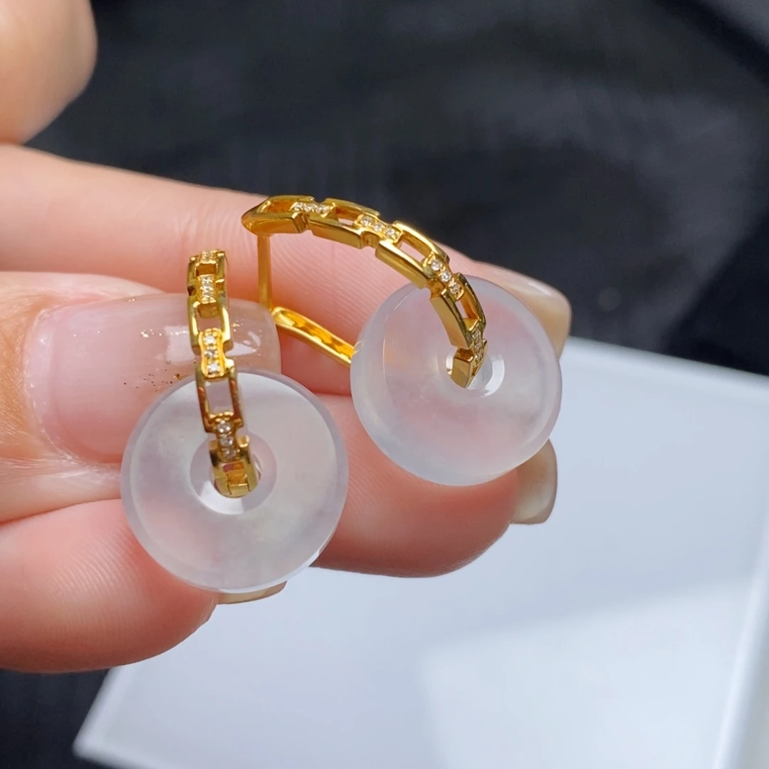 翡翠18K金镶嵌耳饰高冰路路通