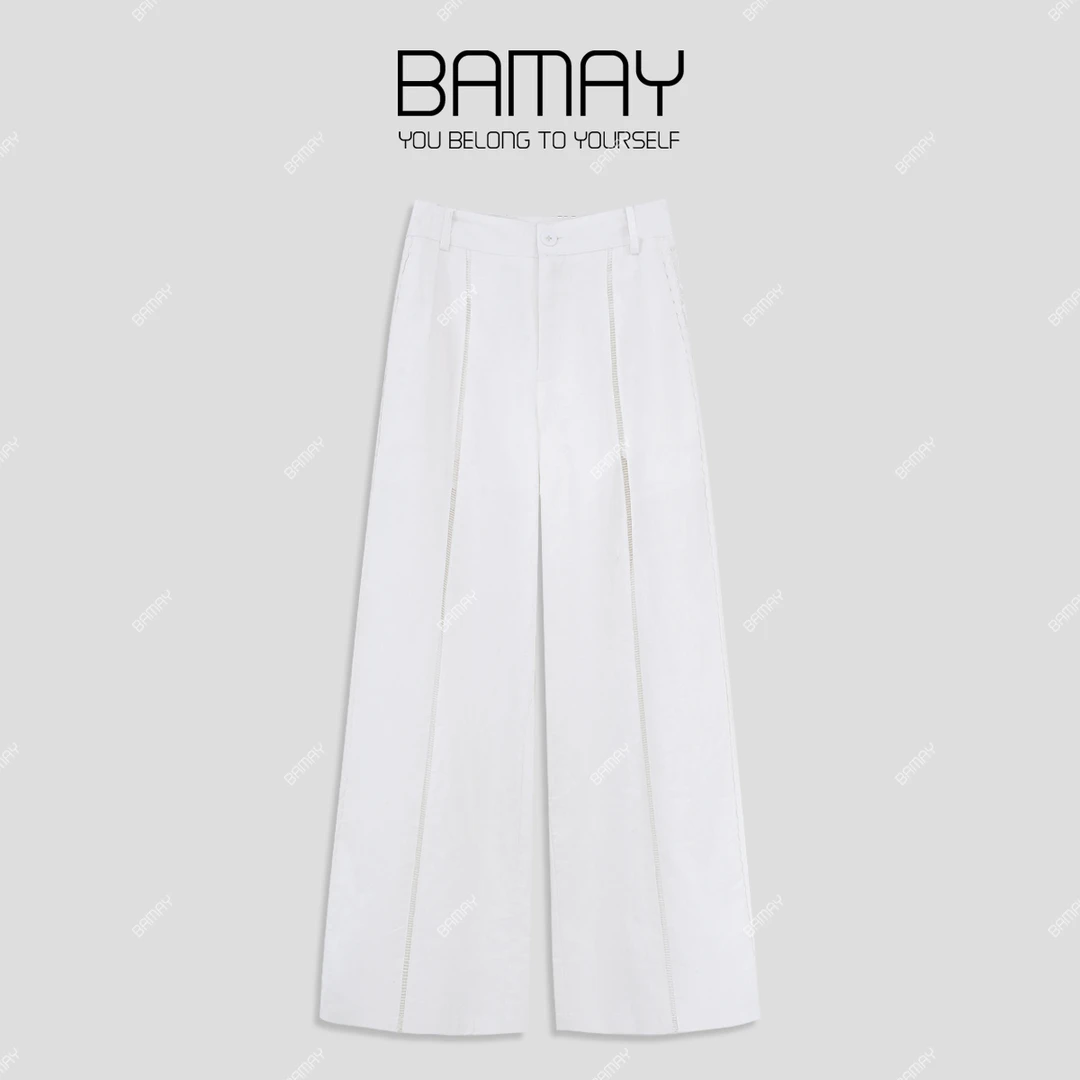 【BAMAY】2025新款时尚高腰垂感直筒白色蕾丝裤BM252PX002CM