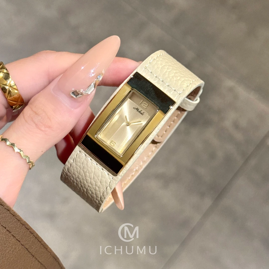 Mishali/米莉莎手表女轻奢高级感极简风皮带表方形女表时尚上班族