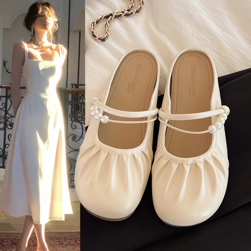 FAVMARTHA平底包头半拖鞋女外穿2025新款春季一脚蹬懒人孕妇晚晚