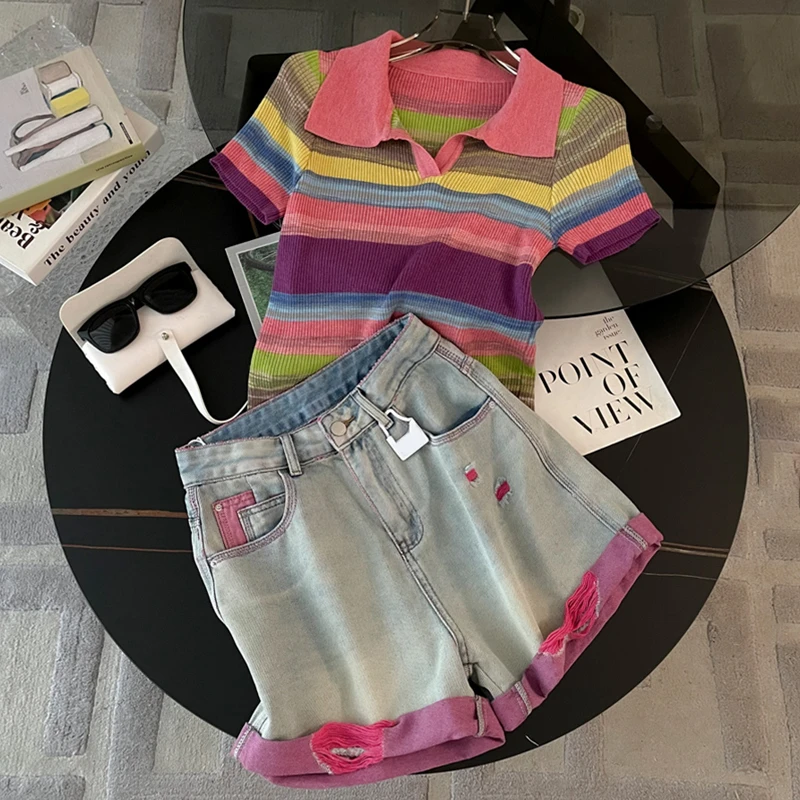 夏季穿搭一整套女2025新款多巴胺时尚减龄撞色针织衫牛仔短裤套装