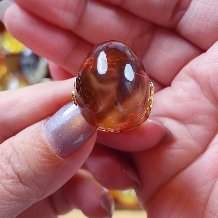 琥珀银S925镀金镶嵌裸石戒指