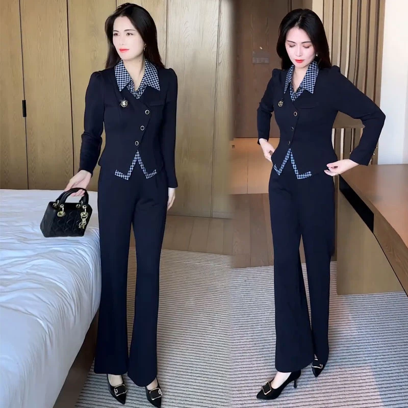时尚套装女2025秋季新款时髦洋气假两件上衣阔腿裤显瘦气质两件套