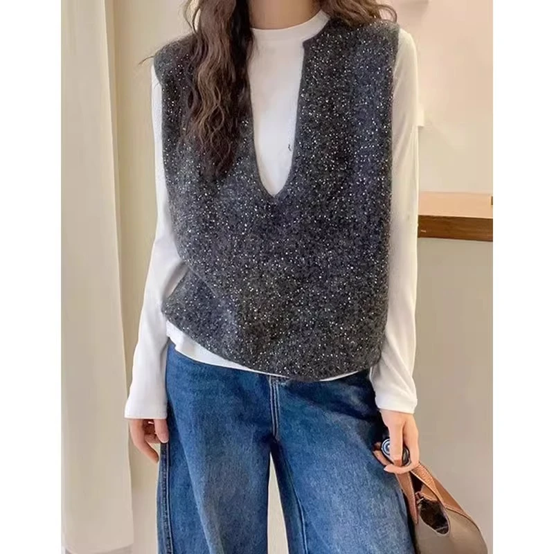细闪闪亮片v领纯色针织马甲背心女时尚百搭无袖坎肩叠穿毛衣上衣