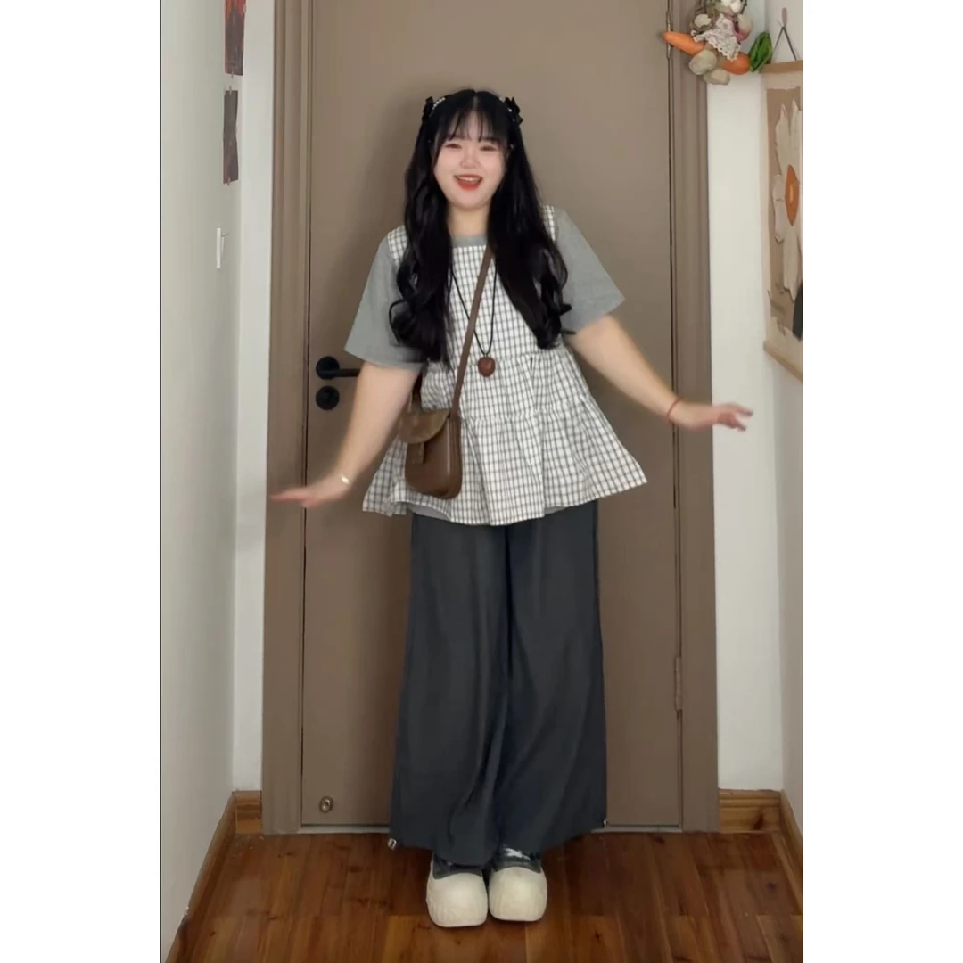 大码女装休闲灰色短袖背心女夏季设计感小众胖MM遮肉显瘦上衣589