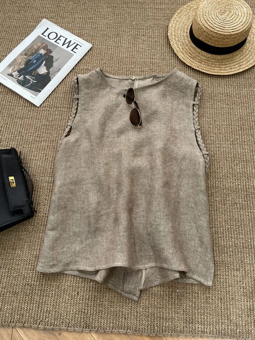 yu hee 【高智感】定制款～高品质金丝亚麻手工麻花无袖上衣女