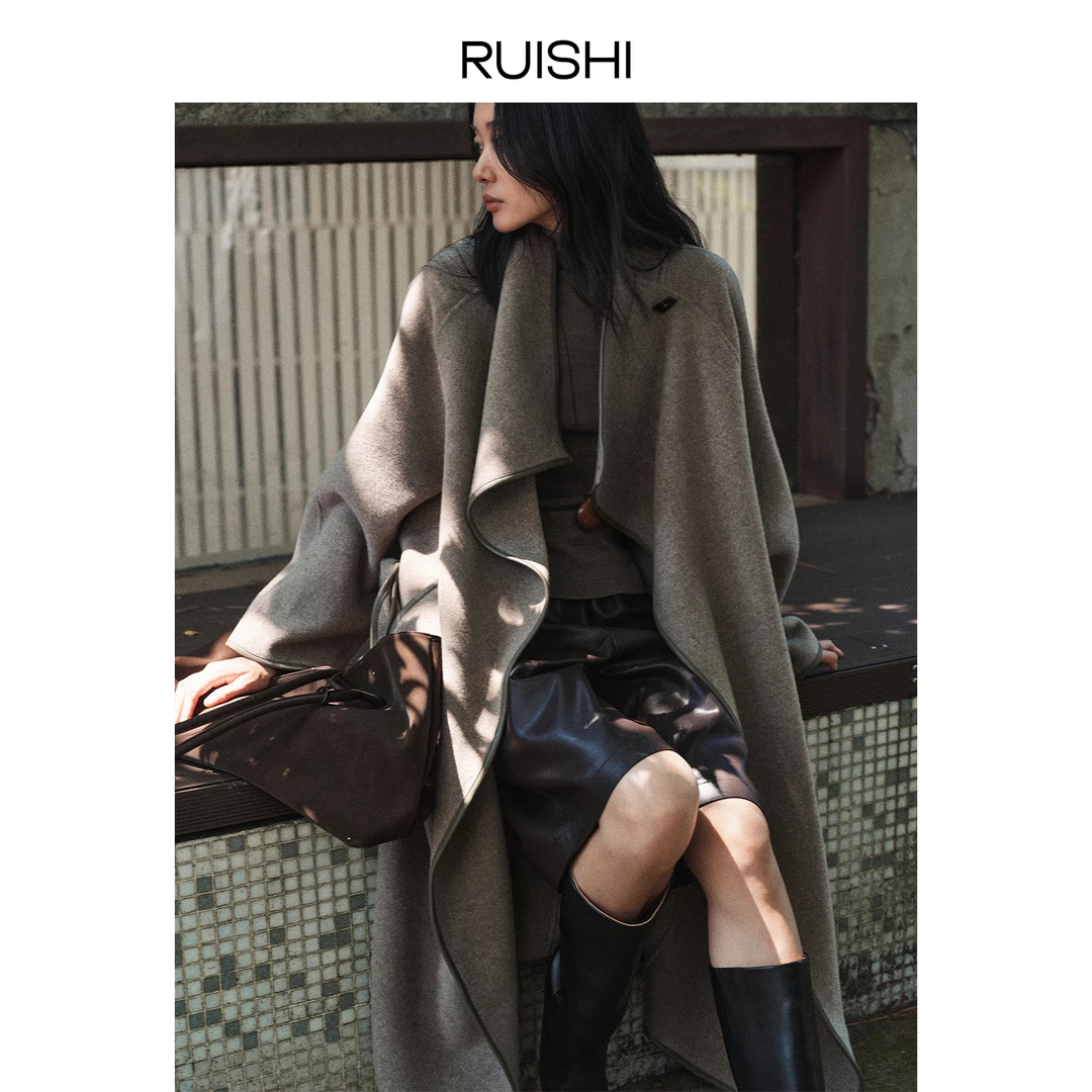 RUISHI芮时“慵懒序曲”一衣多穿拼皮立绒全羊毛短款双面呢大衣女